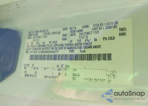 2016 Ford F-150 Xl z USA, uszkodzony, nr VIN 1FTMF1C80GKE64377